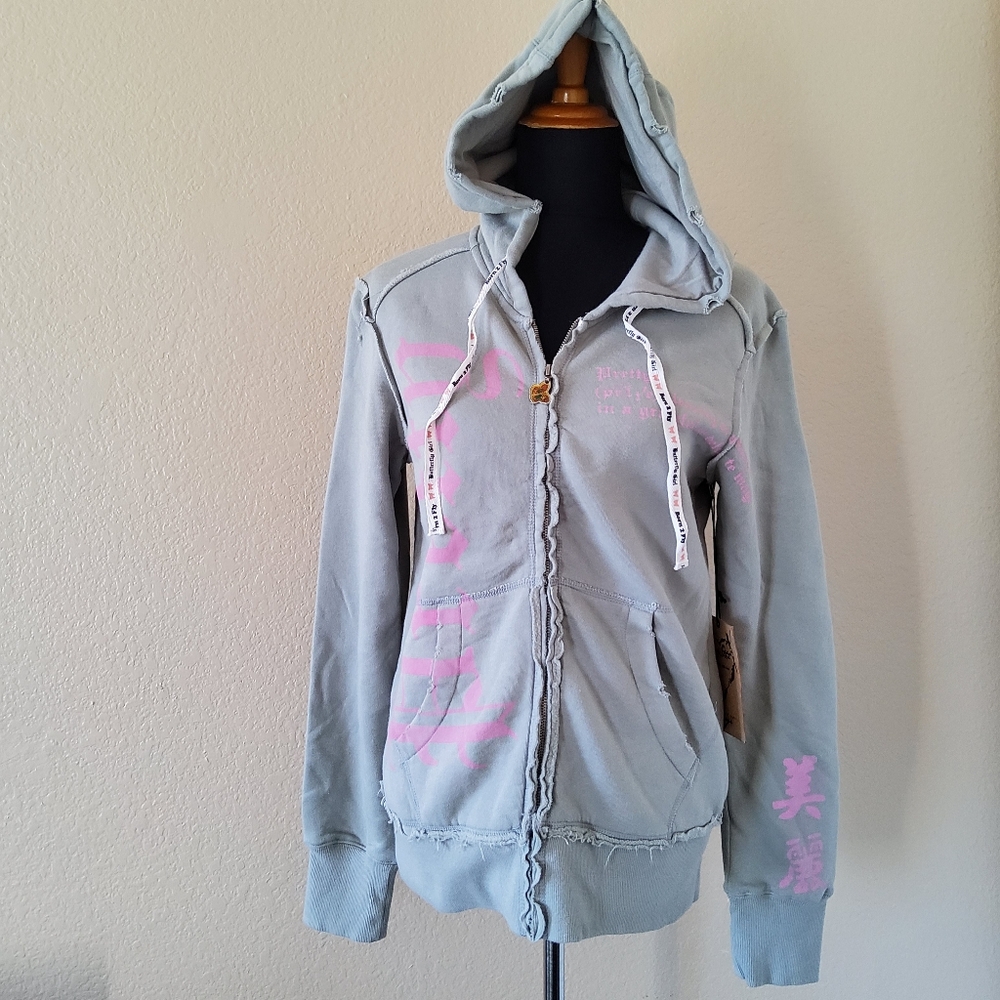 New Love Stitch Born to Fly Pretty Butterfly Girl Hoodie Sweatshirt Size L Grey